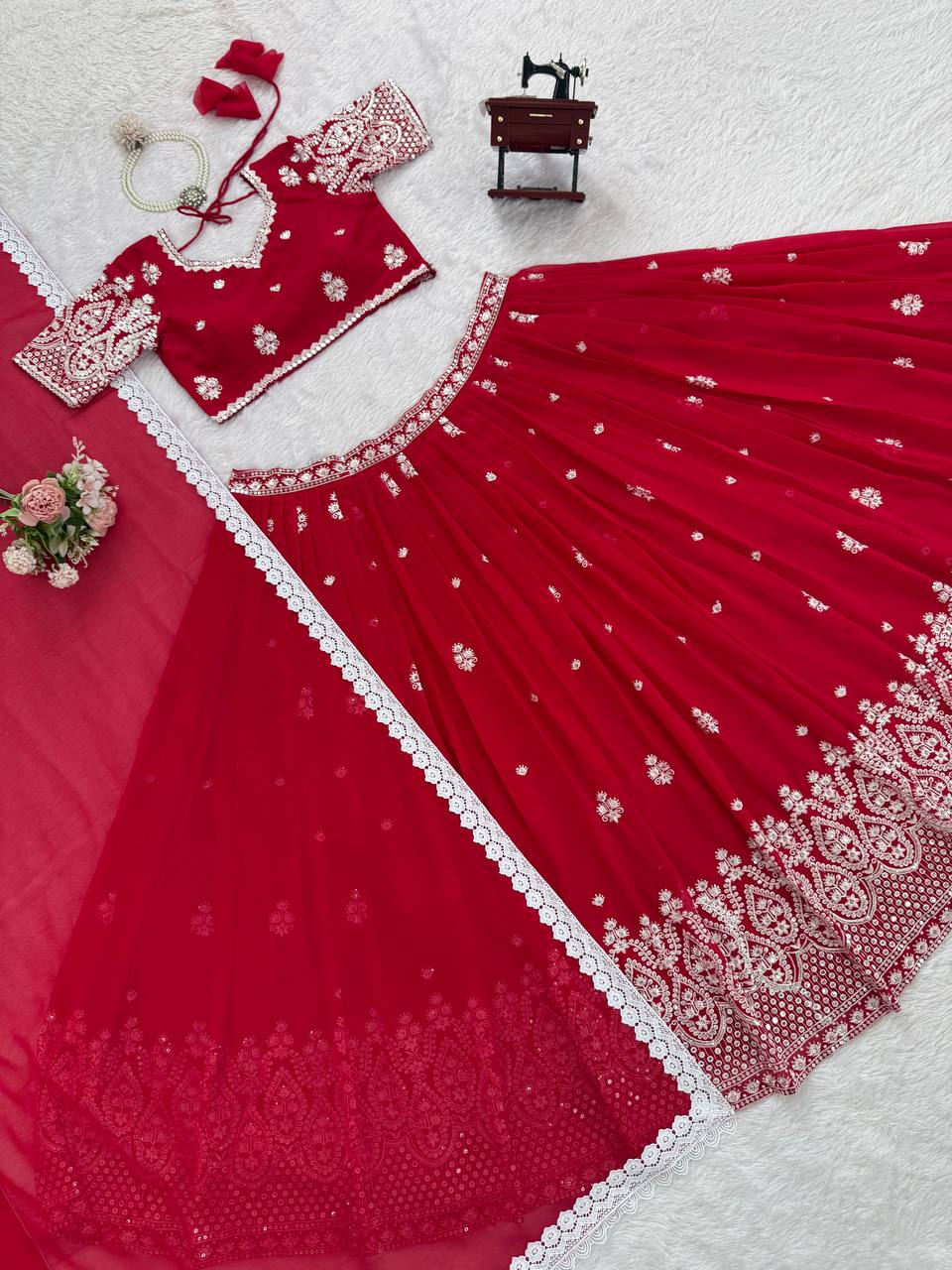 Red foux georgette thread with sequence work lehenga choli