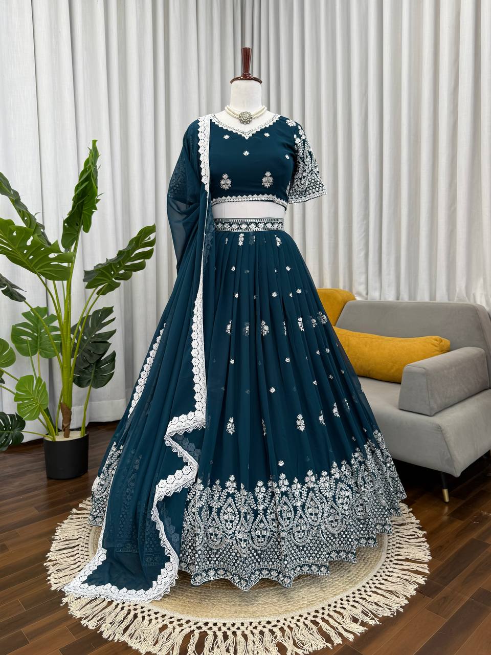 Navy blue foux georgette thread with sequence work lehenga choli