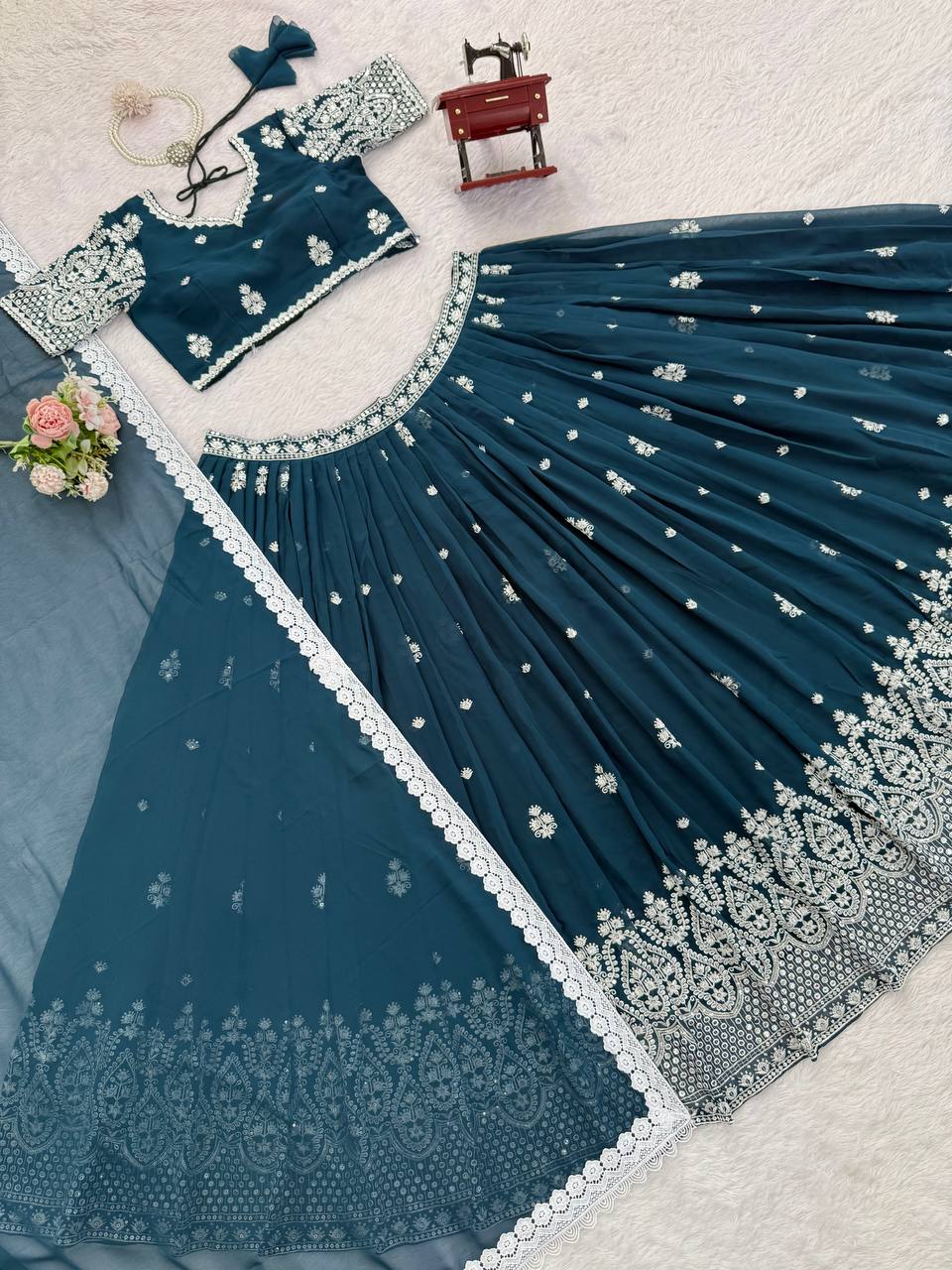 Navy blue foux georgette thread with sequence work lehenga choli