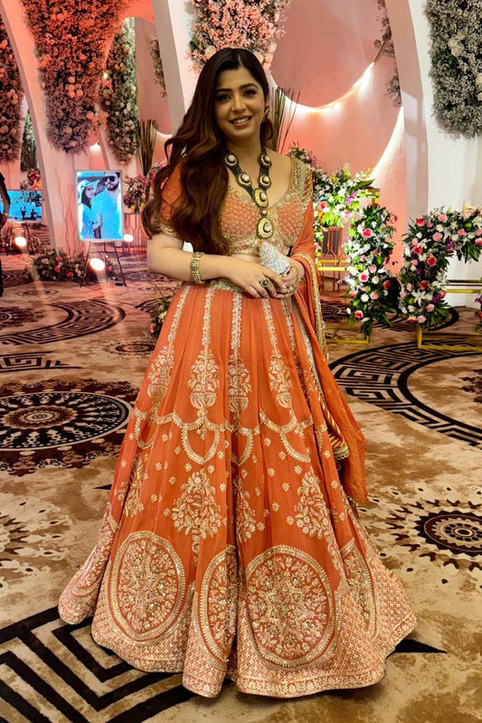 Orange foux georgette thread with  Sequence work lehenga choli