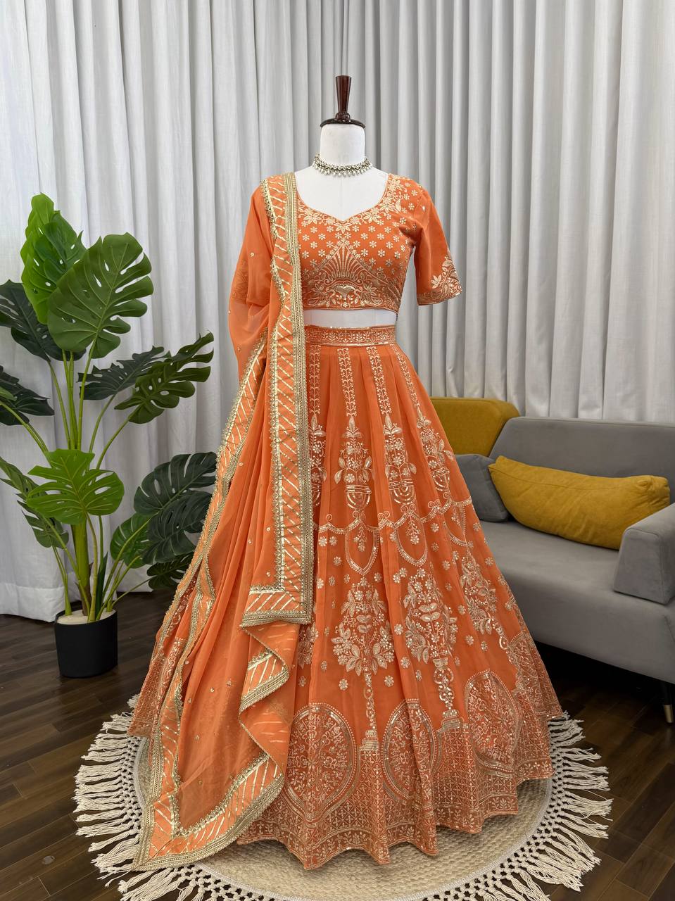 Orange foux georgette thread with  Sequence work lehenga choli