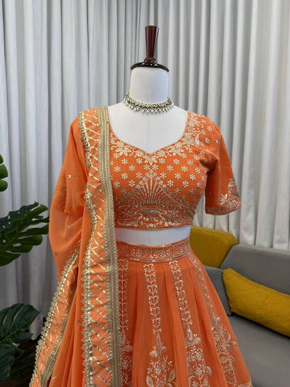 Orange foux georgette thread with  Sequence work lehenga choli