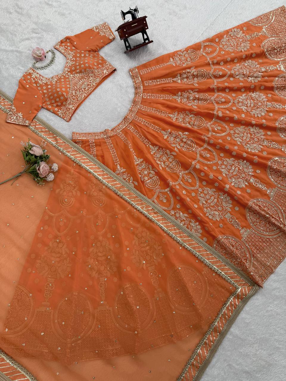 Orange foux georgette thread with  Sequence work lehenga choli
