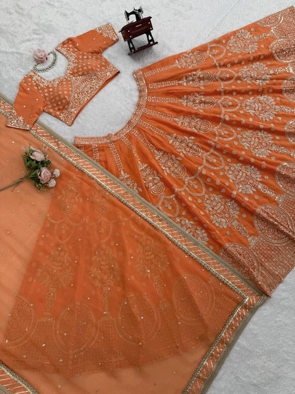 Orange foux georgette thread with  Sequence work lehenga choli