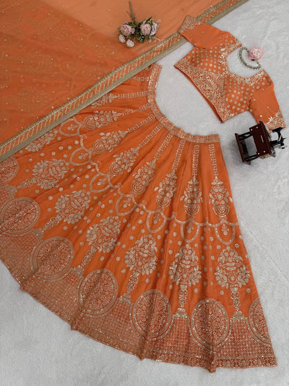 Orange foux georgette thread with  Sequence work lehenga choli
