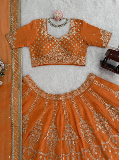 Orange foux georgette thread with  Sequence work lehenga choli