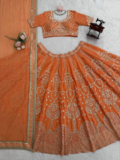 Orange foux georgette thread with  Sequence work lehenga choli