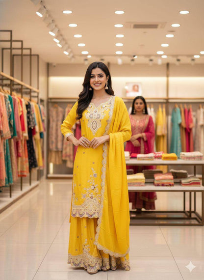 Yellow chinon silk coding with sequence embroidery top, palazzo and dupatta set