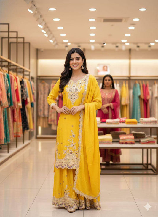 Yellow chinon silk coding with sequence embroidery top, palazzo and dupatta set