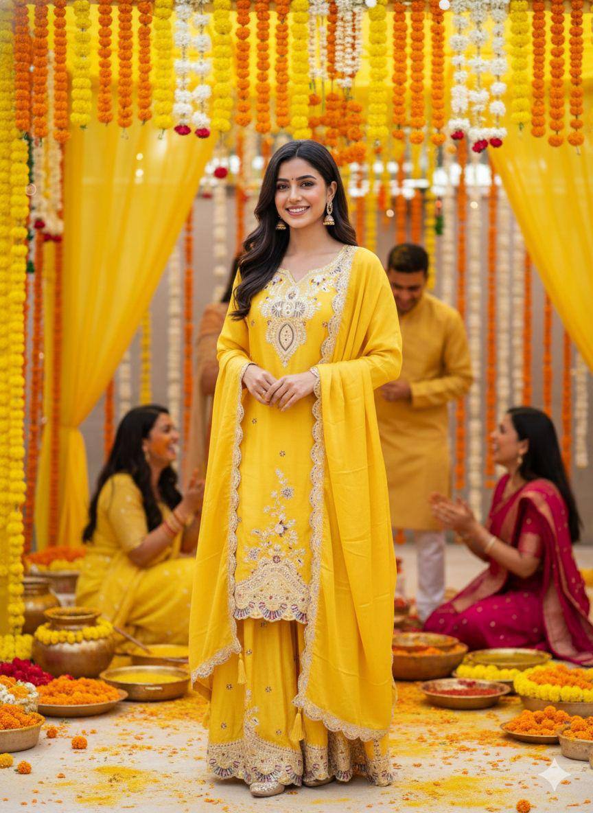 Yellow chinon silk coding with sequence embroidery top, palazzo and dupatta set
