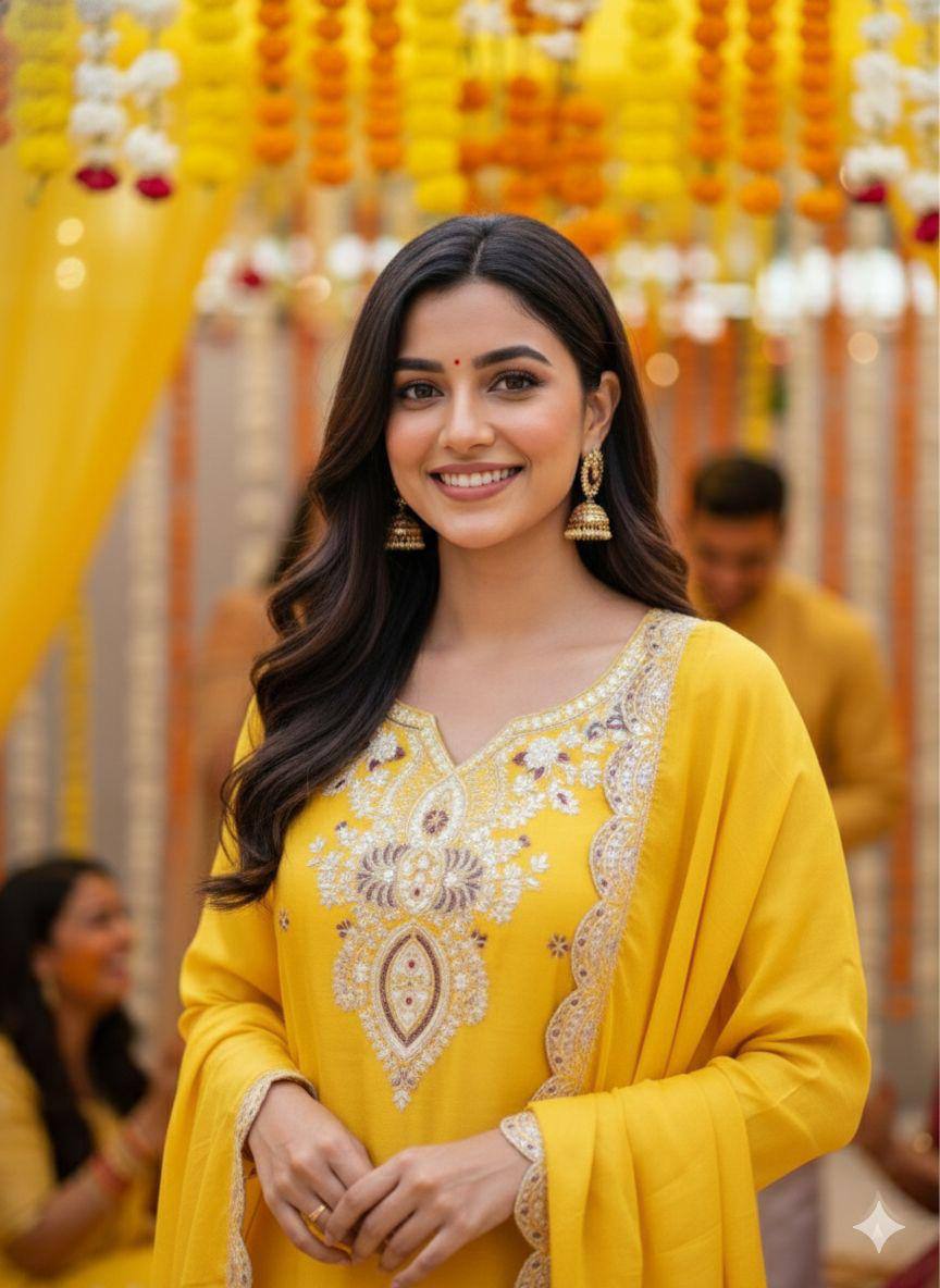 Yellow chinon silk coding with sequence embroidery top, palazzo and dupatta set