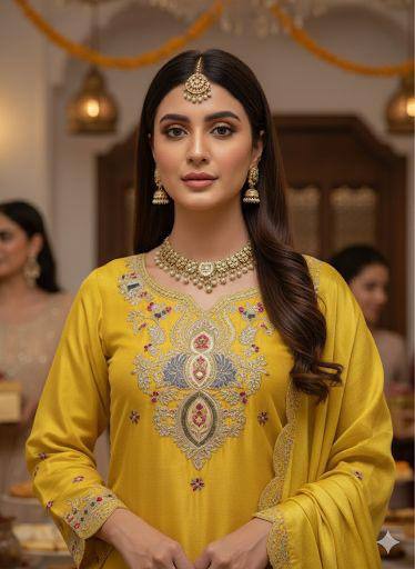 Yellow chinon silk coding with sequence embroidery top, palazzo and dupatta set