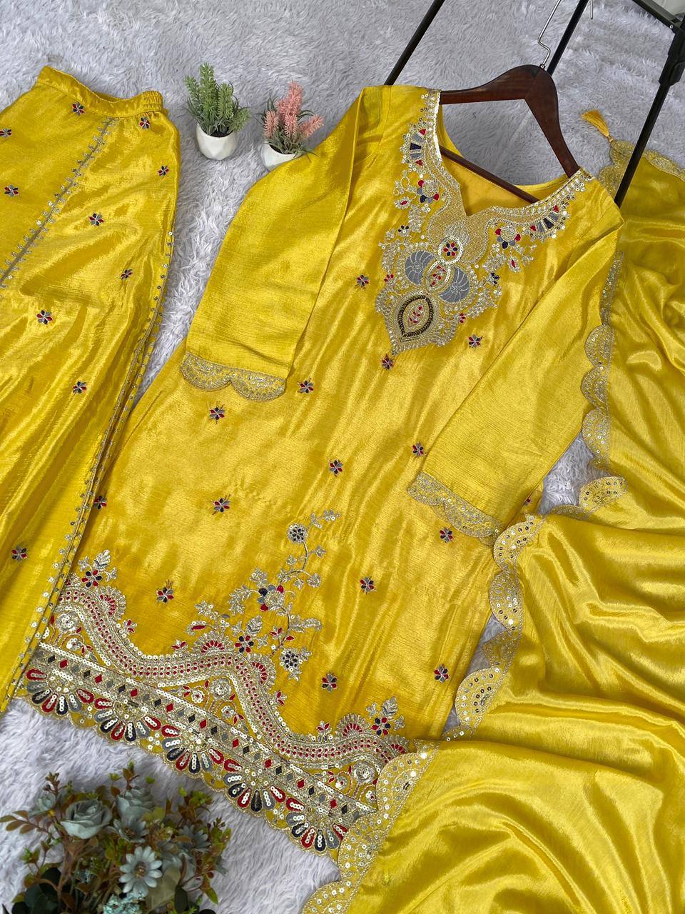 Yellow chinon silk coding with sequence embroidery top, palazzo and dupatta set