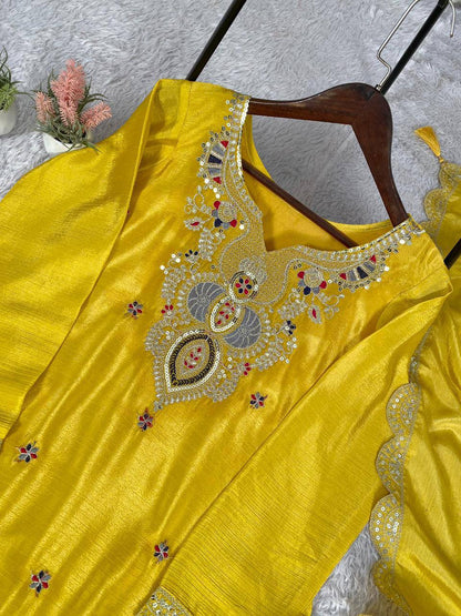 Yellow chinon silk coding with sequence embroidery top, palazzo and dupatta set