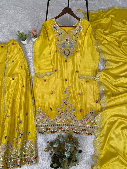 Yellow chinon silk coding with sequence embroidery top, palazzo and dupatta set
