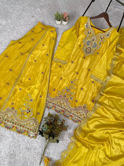 Yellow chinon silk coding with sequence embroidery top, palazzo and dupatta set
