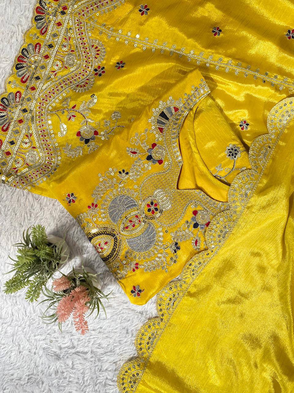 Yellow chinon silk coding with sequence embroidery top, palazzo and dupatta set