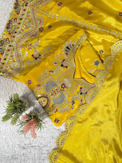 Yellow chinon silk coding with sequence embroidery top, palazzo and dupatta set