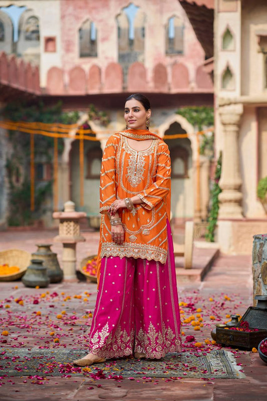 Orange chinon silk thread with sequence top, sharara and dupatta set