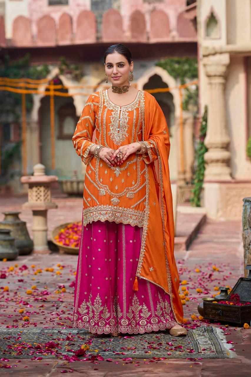 Orange chinon silk thread with sequence top, sharara and dupatta set