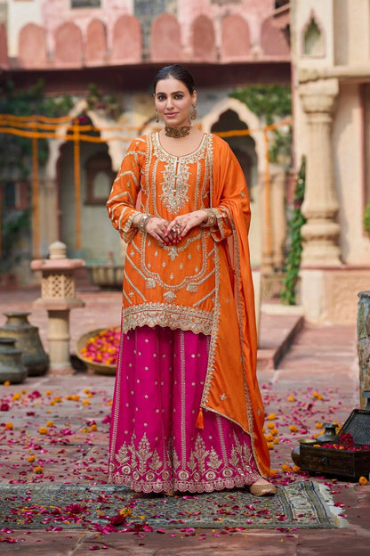 Orange chinon silk thread with sequence top, sharara and dupatta set