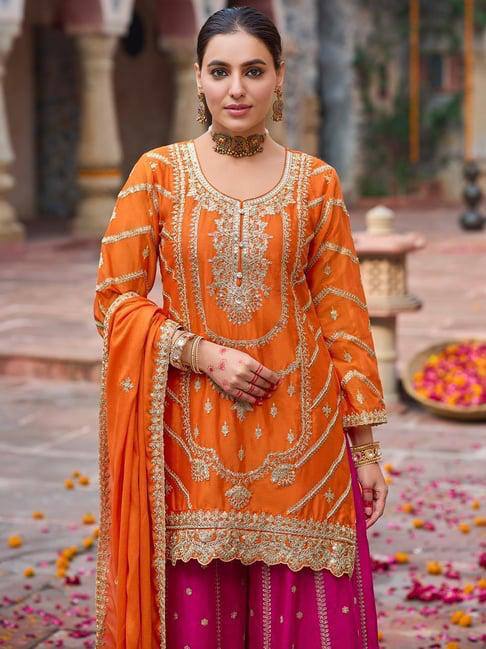 Orange chinon silk thread with sequence top, sharara and dupatta set