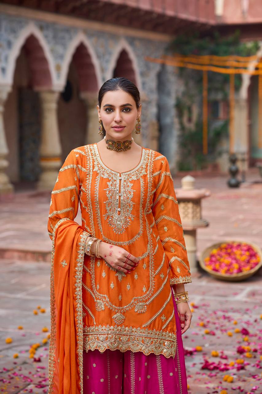 Orange chinon silk thread with sequence top, sharara and dupatta set