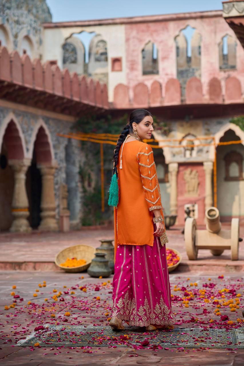 Orange chinon silk thread with sequence top, sharara and dupatta set