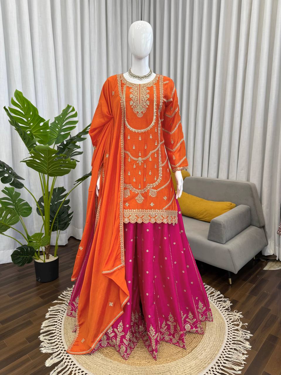 Orange chinon silk thread with sequence top, sharara and dupatta set
