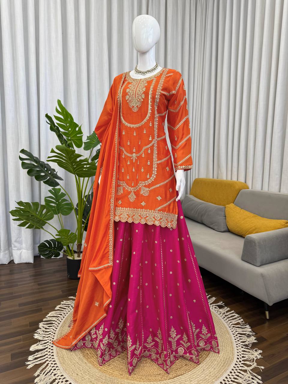 Orange chinon silk thread with sequence top, sharara and dupatta set