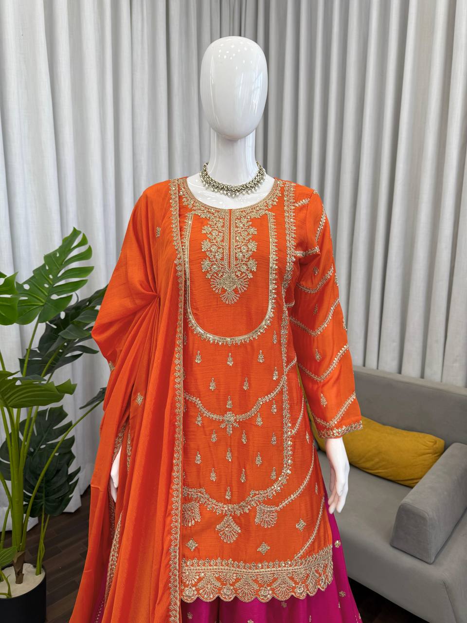 Orange chinon silk thread with sequence top, sharara and dupatta set