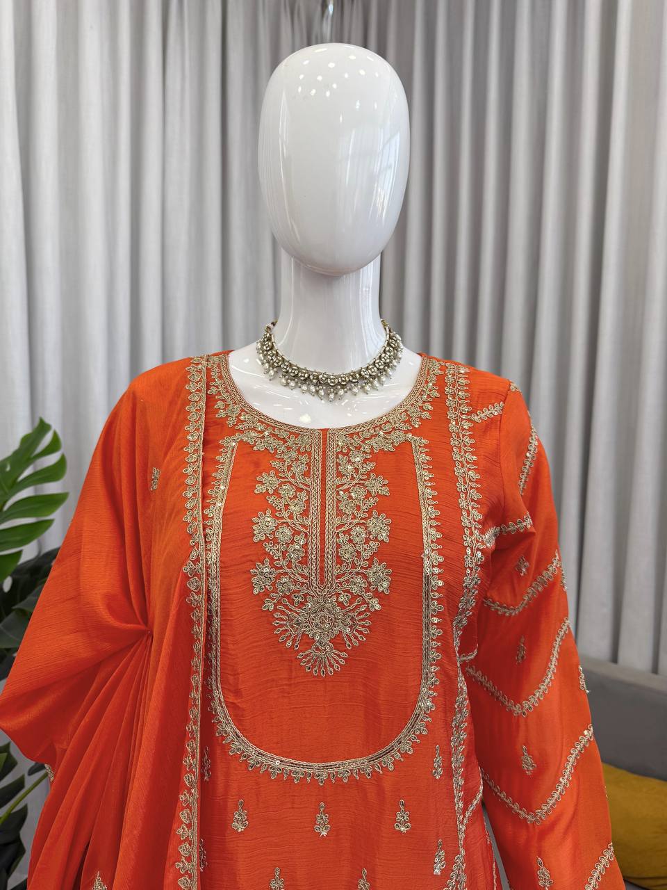 Orange chinon silk thread with sequence top, sharara and dupatta set
