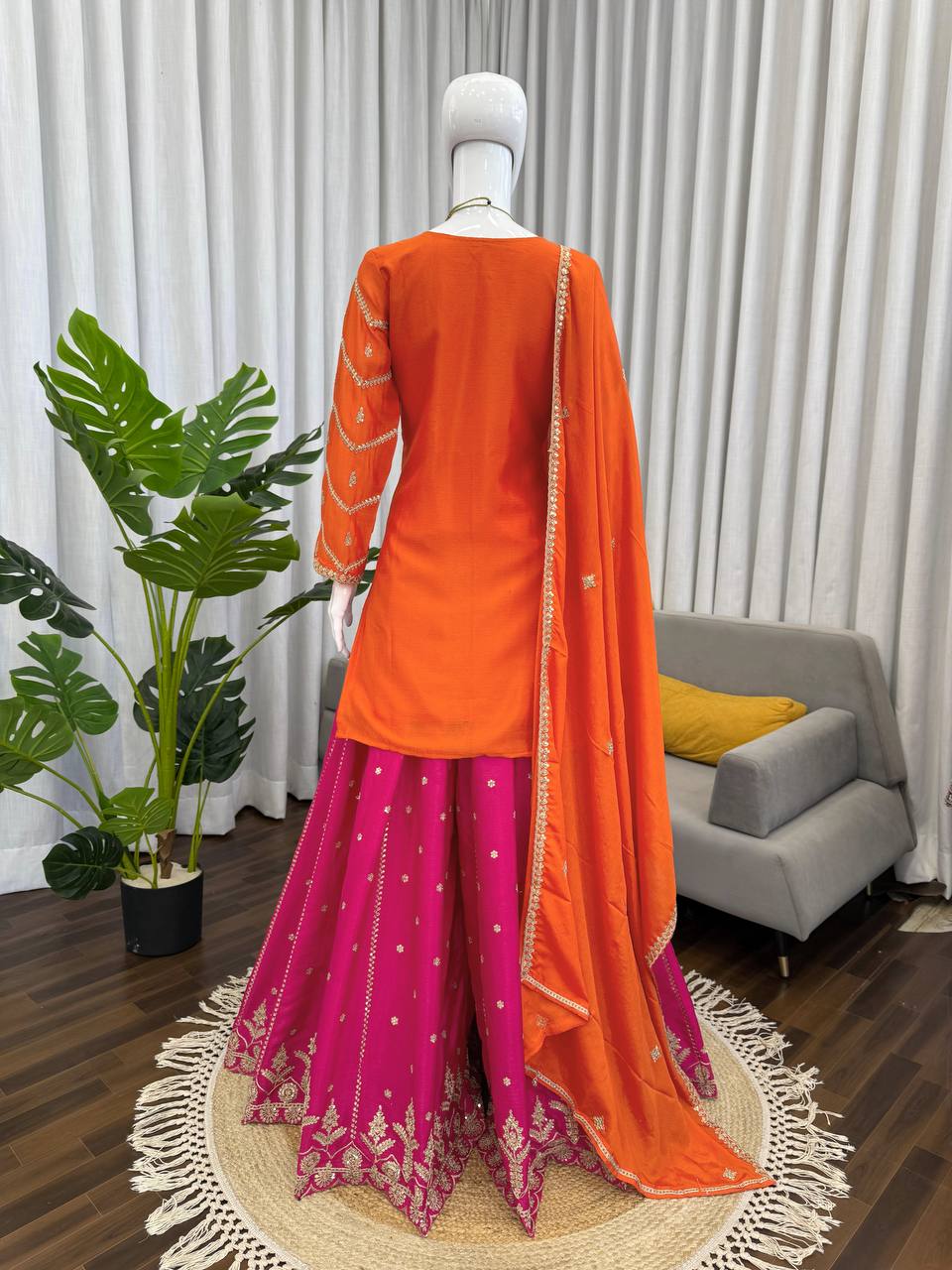 Orange chinon silk thread with sequence top, sharara and dupatta set