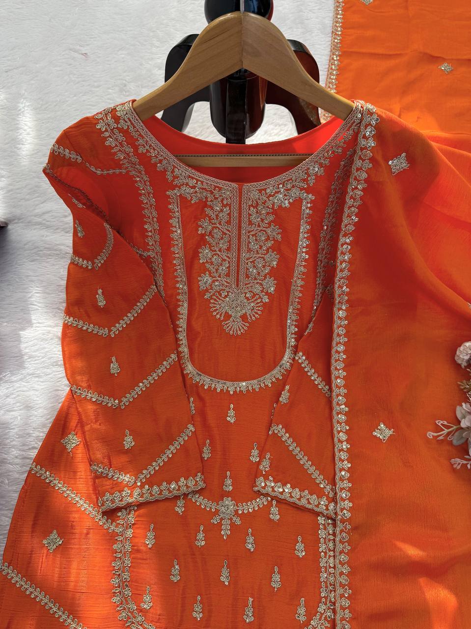 Orange chinon silk thread with sequence top, sharara and dupatta set