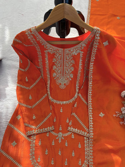 Orange chinon silk thread with sequence top, sharara and dupatta set