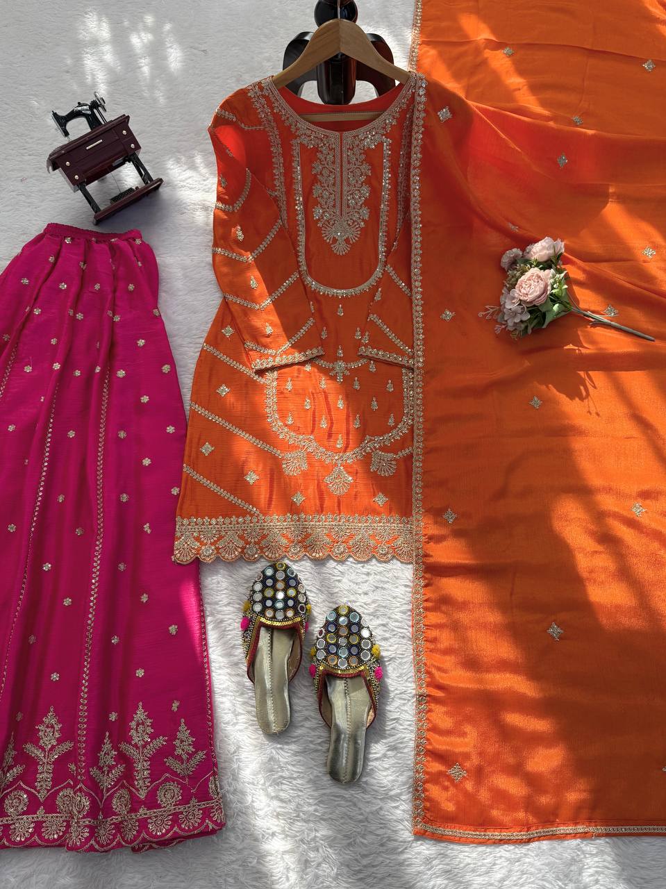 Orange chinon silk thread with sequence top, sharara and dupatta set