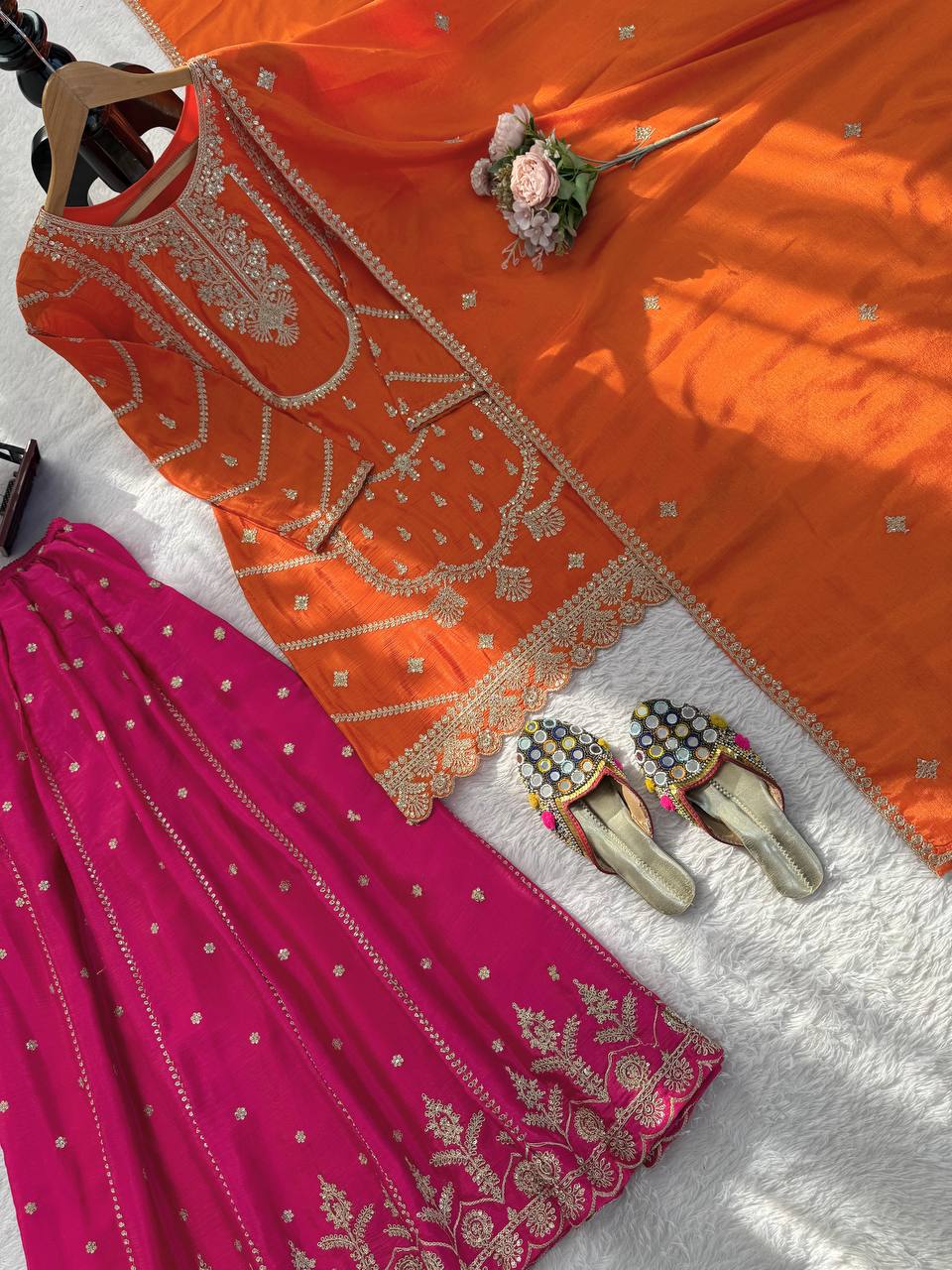 Orange chinon silk thread with sequence top, sharara and dupatta set
