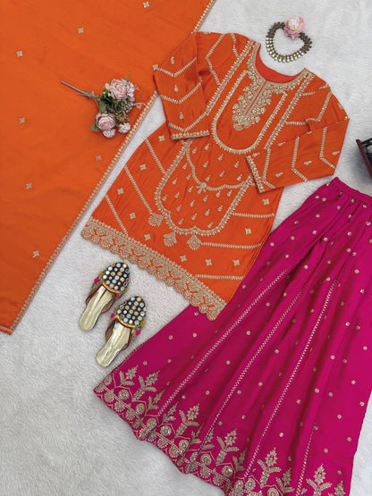 Orange chinon silk thread with sequence top, sharara and dupatta set
