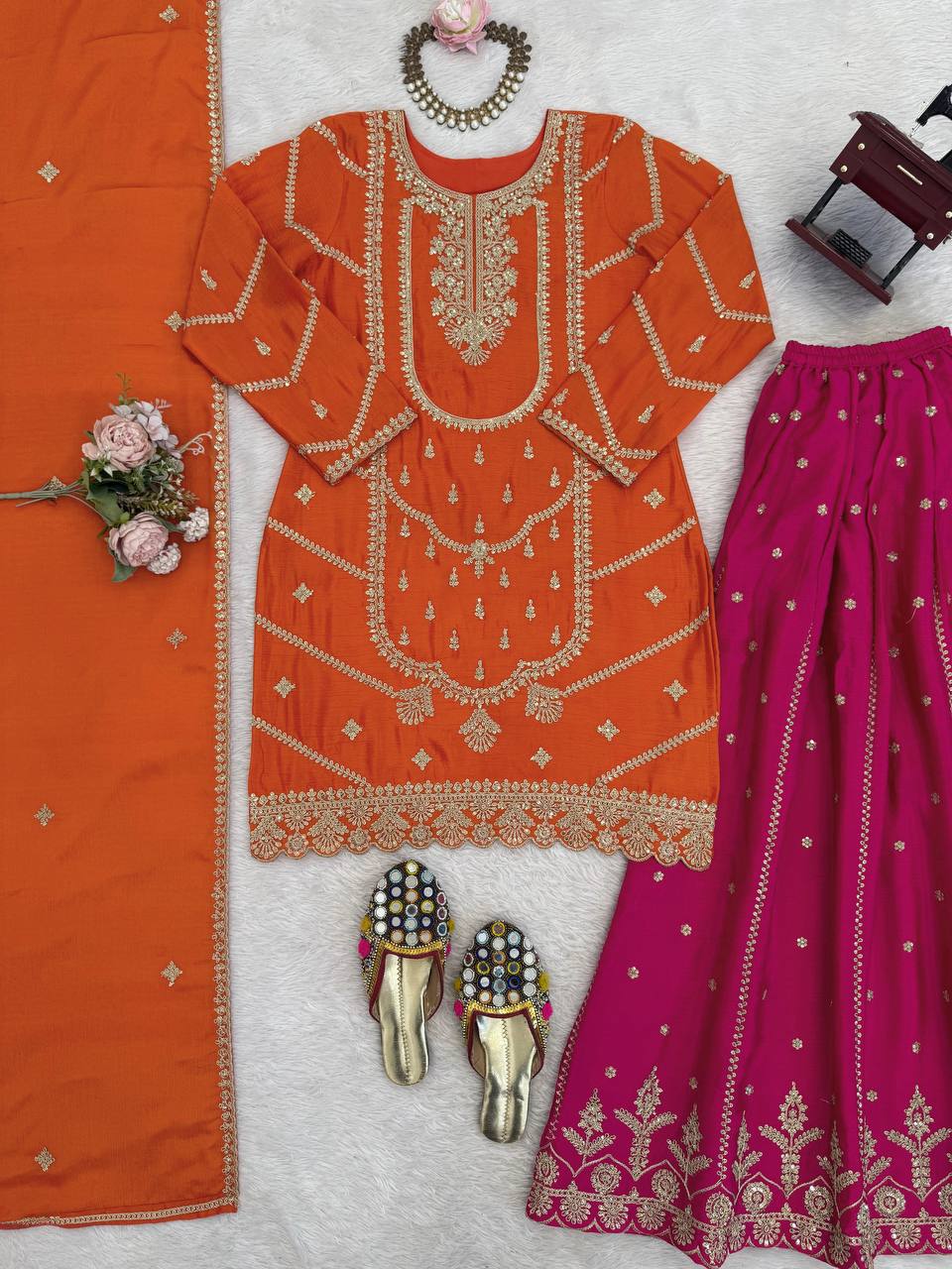 Orange chinon silk thread with sequence top, sharara and dupatta set