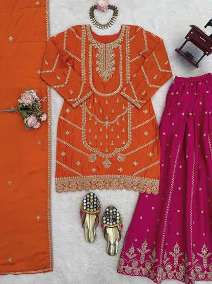Orange chinon silk thread with sequence top, sharara and dupatta set