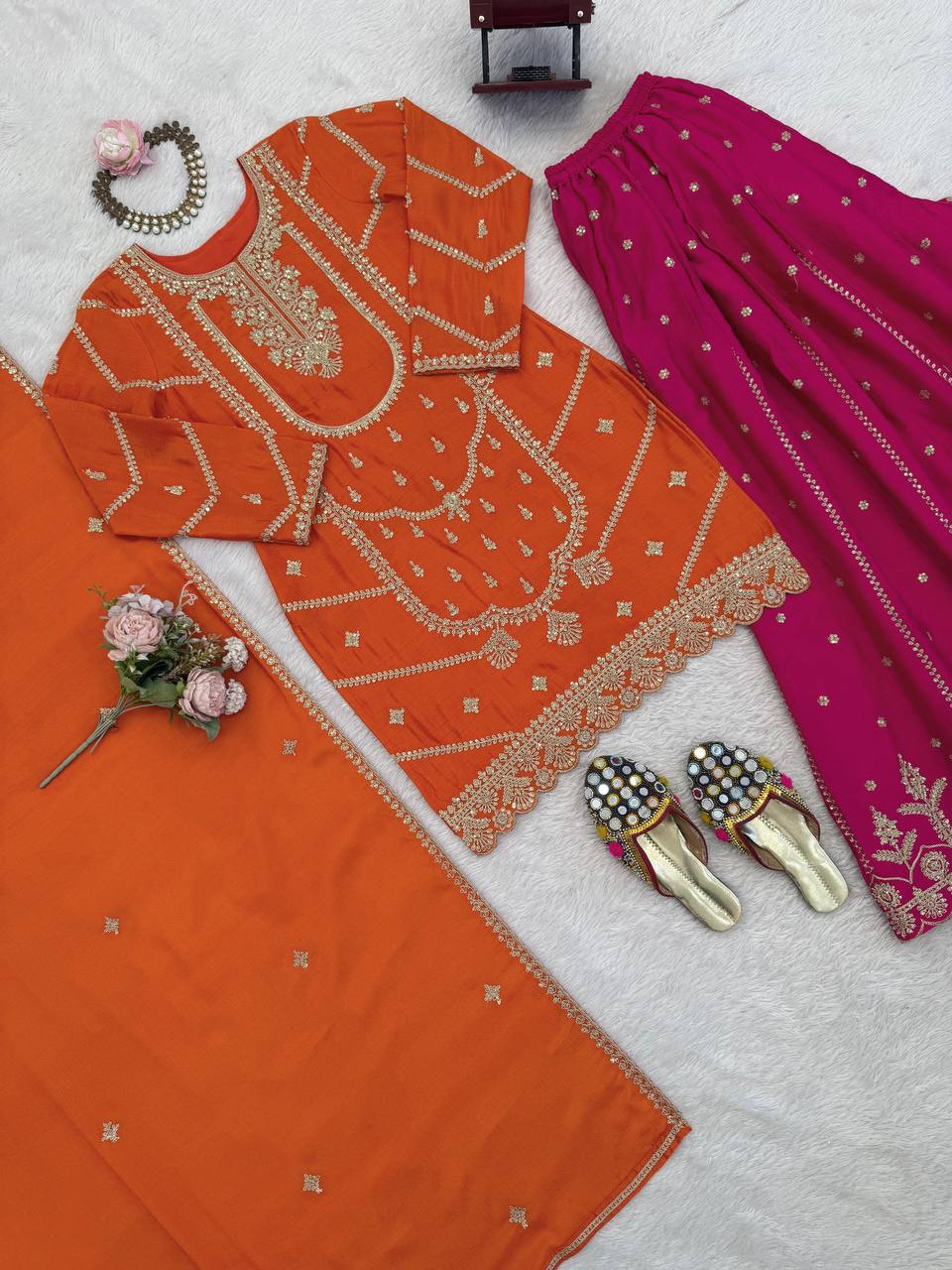 Orange chinon silk thread with sequence top, sharara and dupatta set