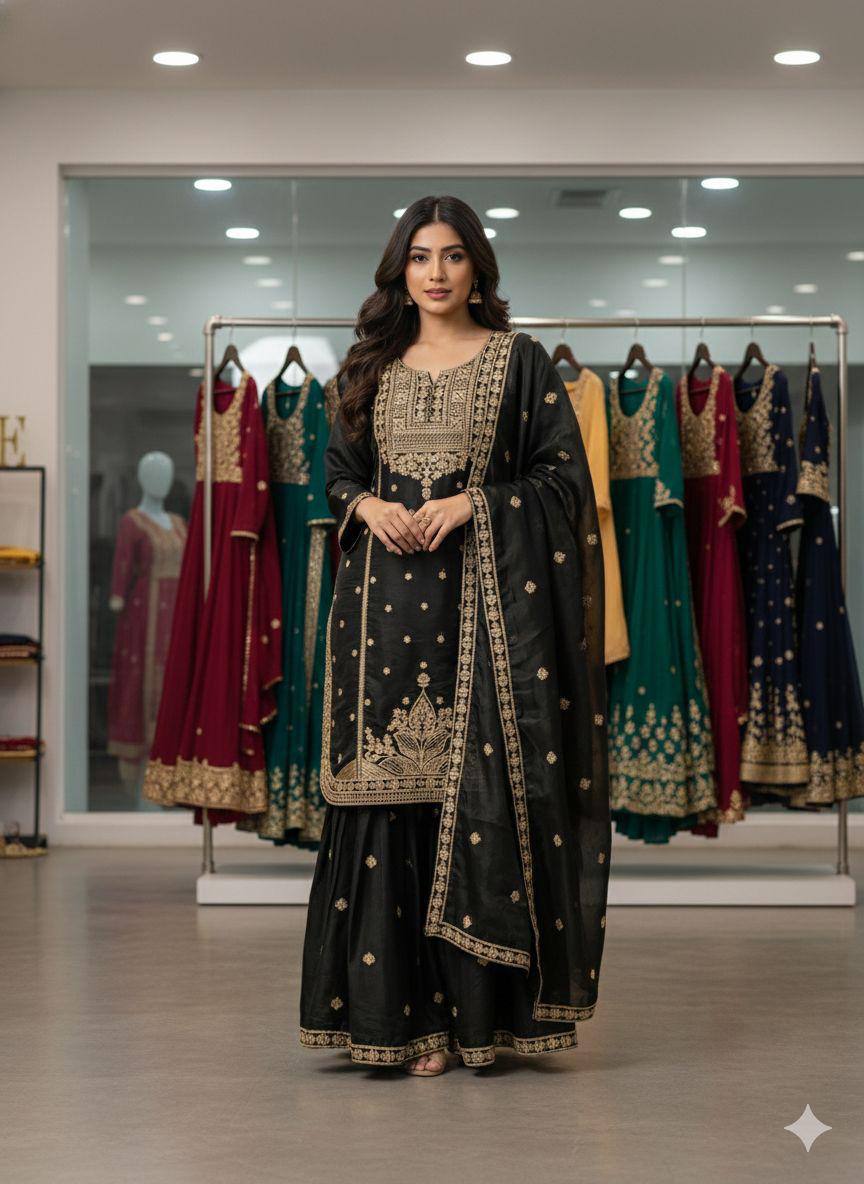 Black zimmy choo coding sequence embroidery top, sharara and dupatta set
