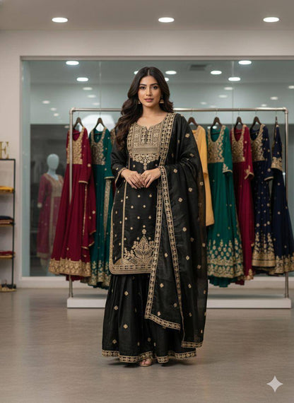 Black zimmy choo coding sequence embroidery top, sharara and dupatta set
