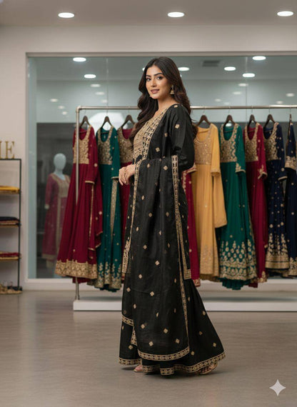 Black zimmy choo coding sequence embroidery top, sharara and dupatta set