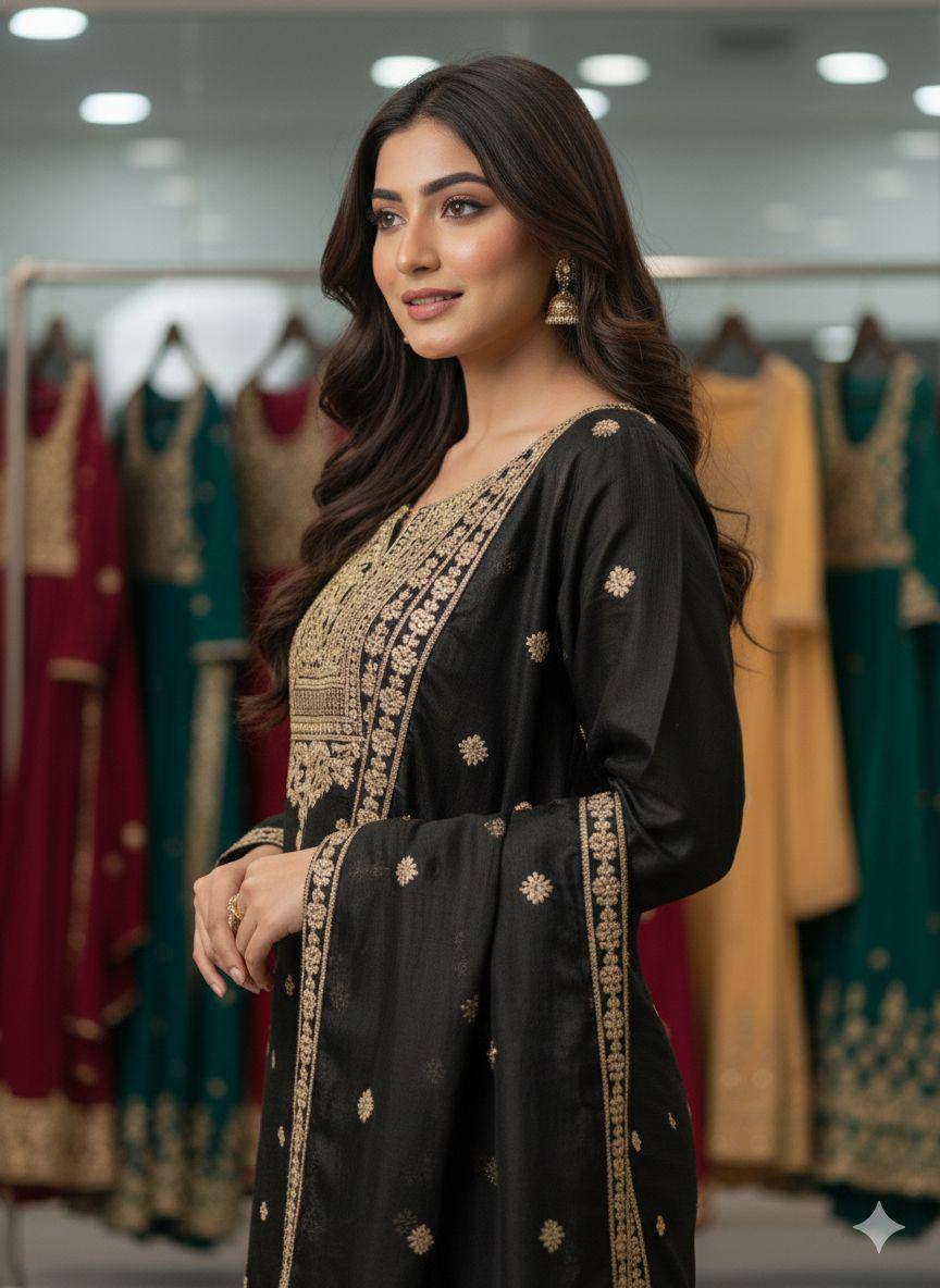 Black zimmy choo coding sequence embroidery top, sharara and dupatta set