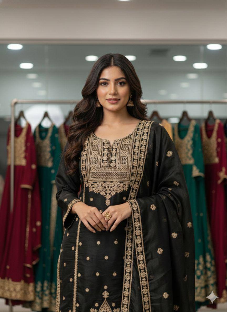 Black zimmy choo coding sequence embroidery top, sharara and dupatta set