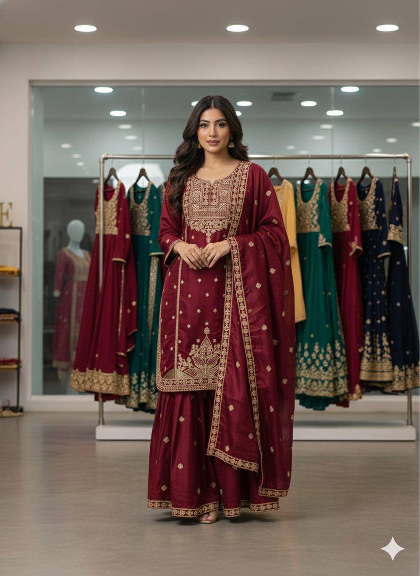 Maroon zimmy choo coding sequence embroidery top, sharara and dupatta set