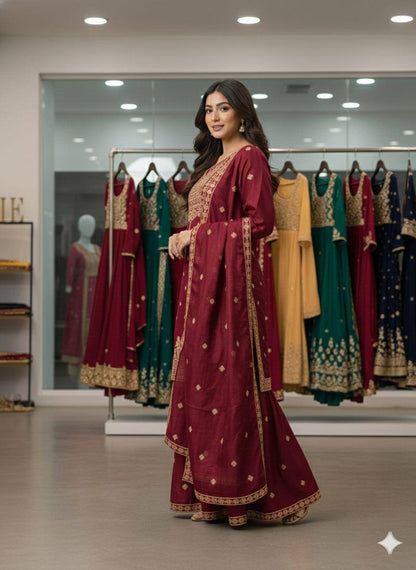 Maroon zimmy choo coding sequence embroidery top, sharara and dupatta set