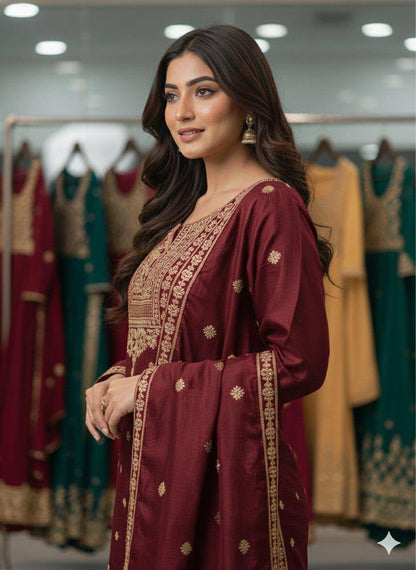 Maroon zimmy choo coding sequence embroidery top, sharara and dupatta set