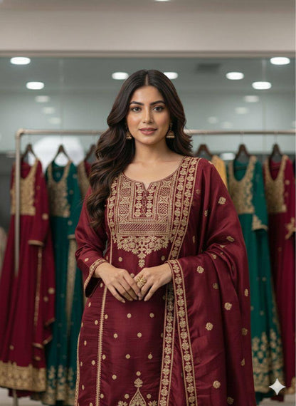 Maroon zimmy choo coding sequence embroidery top, sharara and dupatta set
